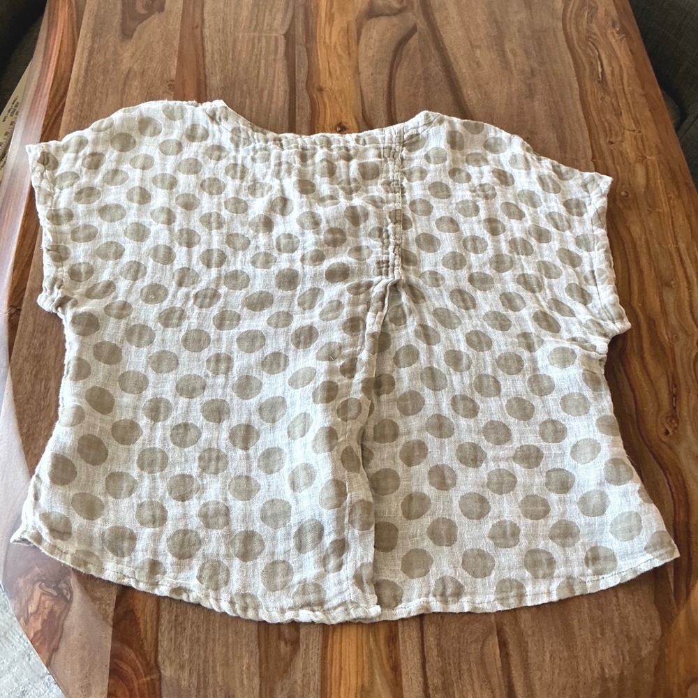 FLAX Linen Polka Dot Boxy Top Small Taupe Lagenlook Artsy Short Sleeve - Picture 8 of 11